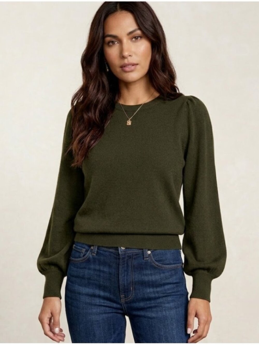 NWT Naked Cashmere Jaylen in Dark Olive Crewneck Blouson Sleeve Sweater S